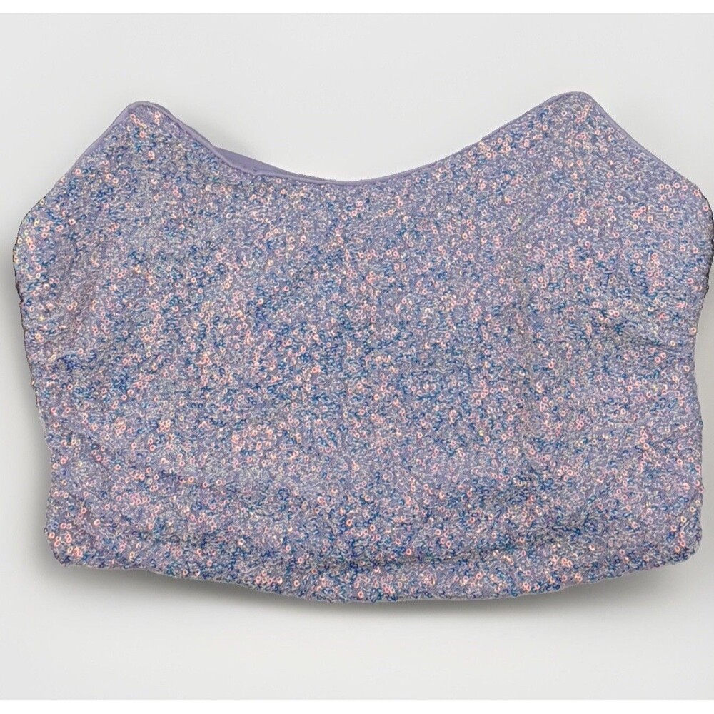 Mable Women’s Sequin Lavender Purple Crop Tube Top Ruched Ruffled Sides
